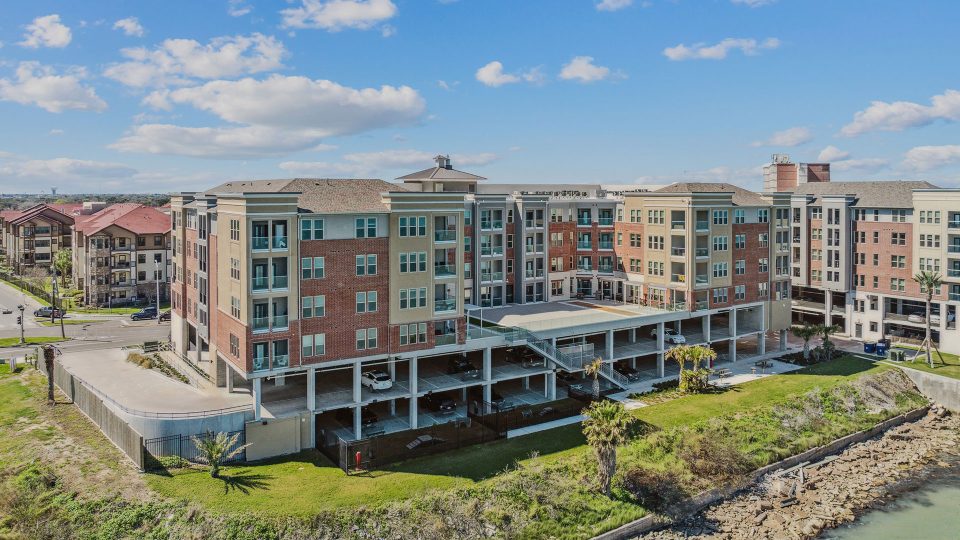 the apartment complex is located on the waterfront at The  Alexa